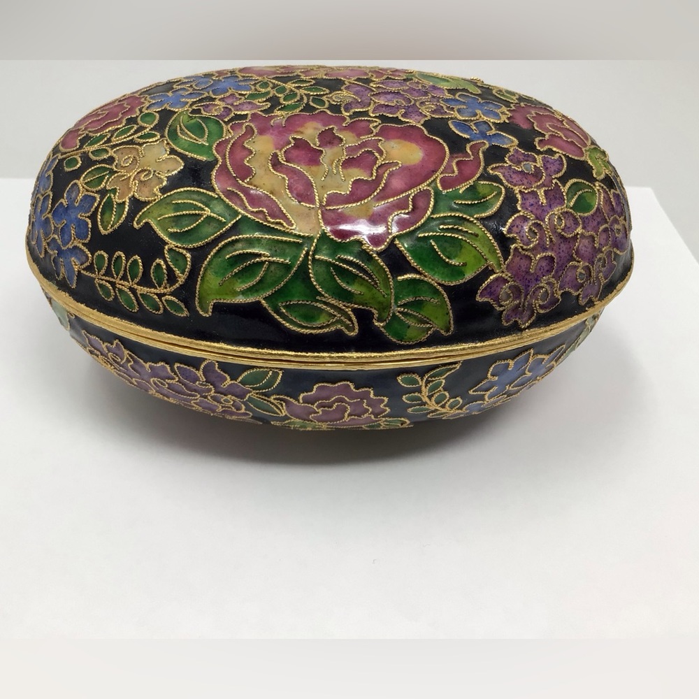 Vintage oval cloisonné Trinket Box floral